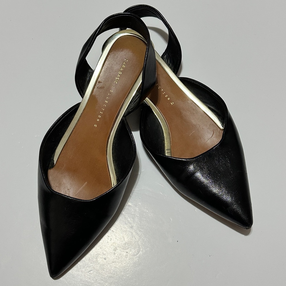 Zara Black Pointed Leather Slingback Flats with Gold Accent